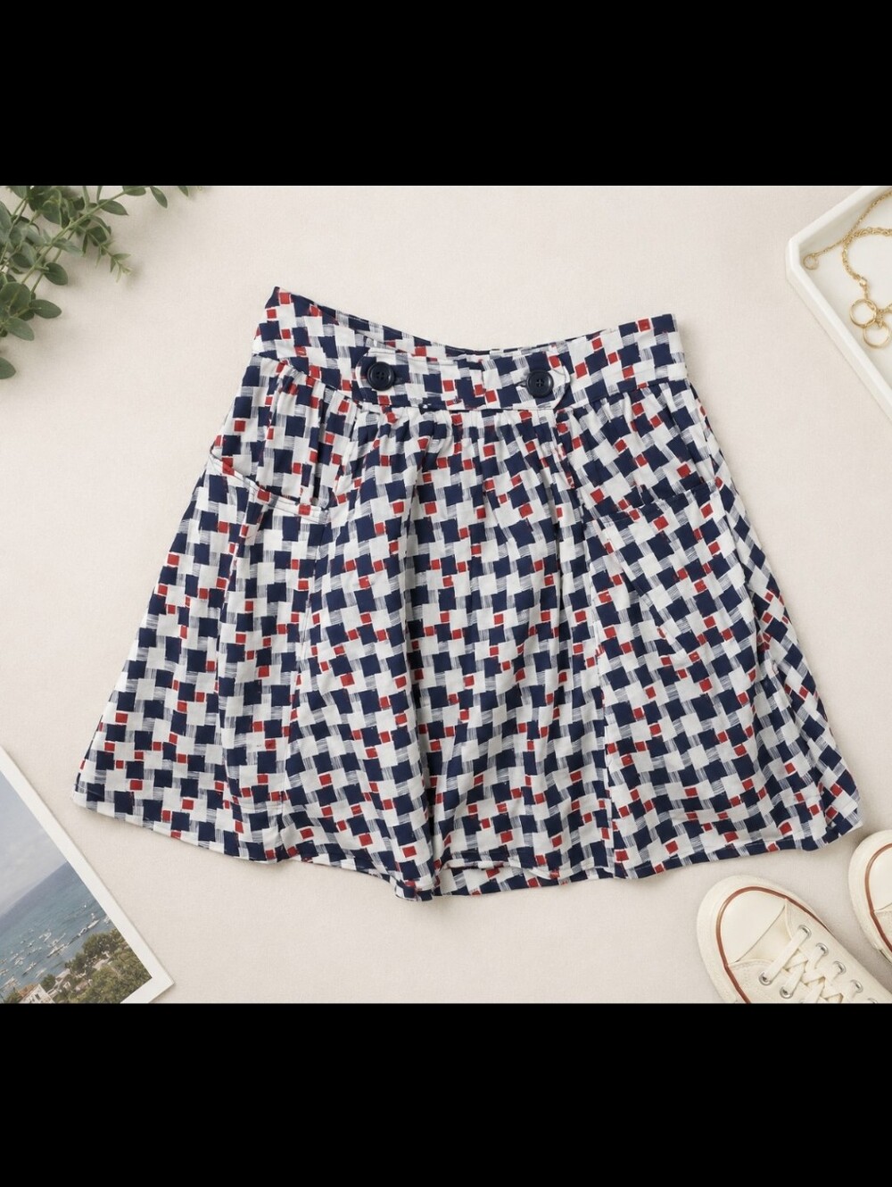 Tulle Anthropologie Navy, White & Red Geometric Mini Skirt 100% Cotton Pockets
